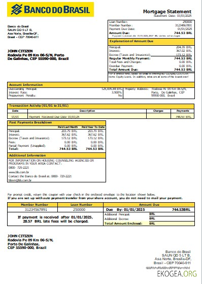 Brésil Banco do Brasil relevé hypothécaire bancaire scr